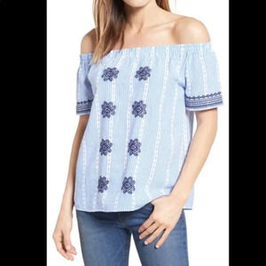 THML Blue Embroidered Top Off‎ The Shoulder Size Large